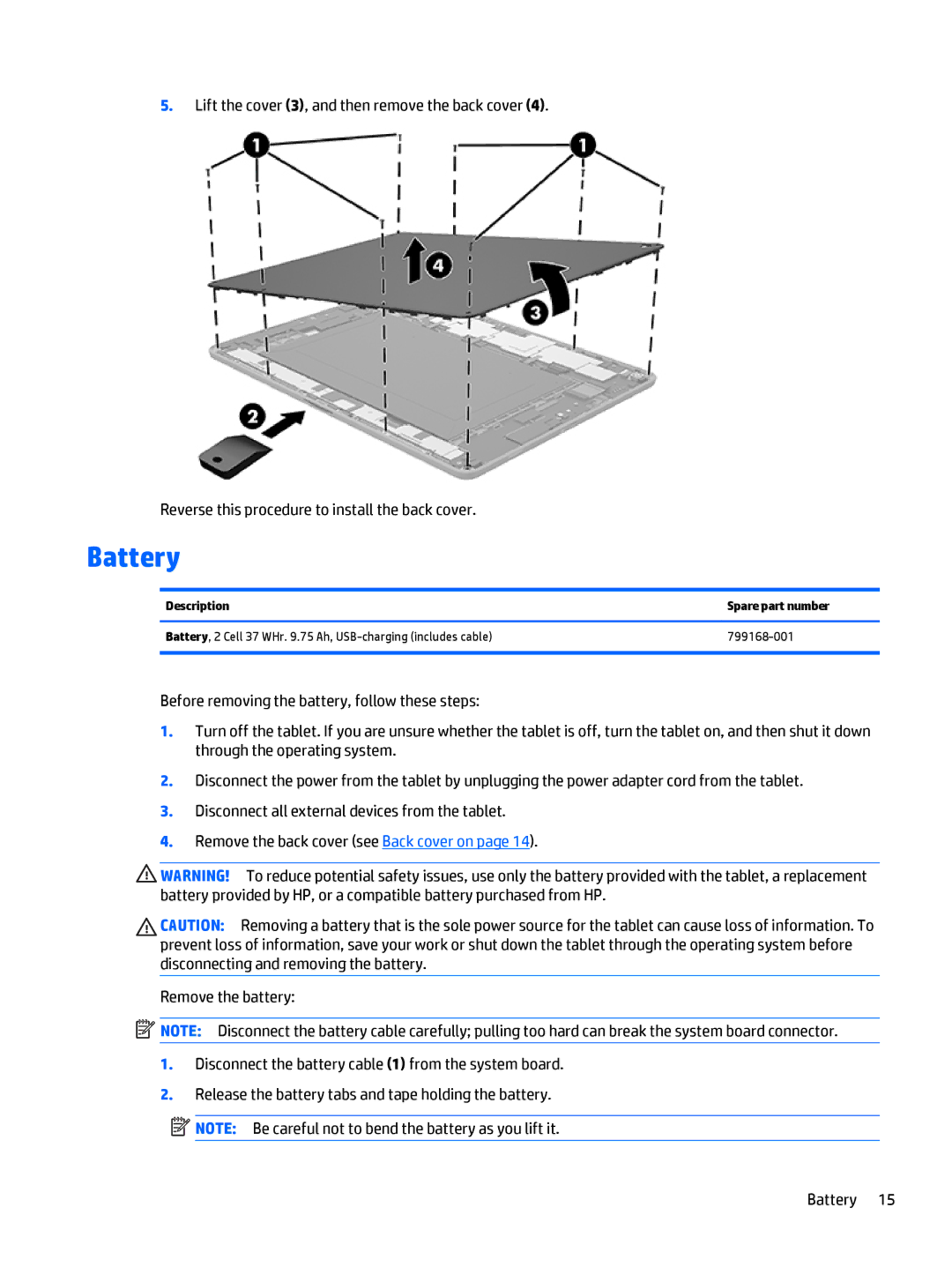 HP 12 Pro manual Battery, Description Spare part number 