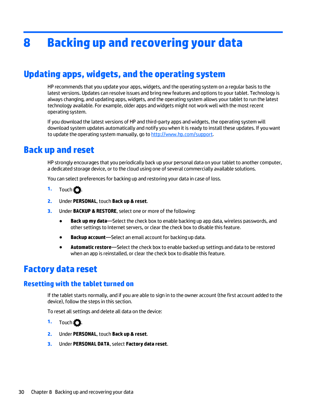 HP 12 Pro manual Backing up and recovering your data, Updating apps, widgets, and the operating system, Back up and reset 