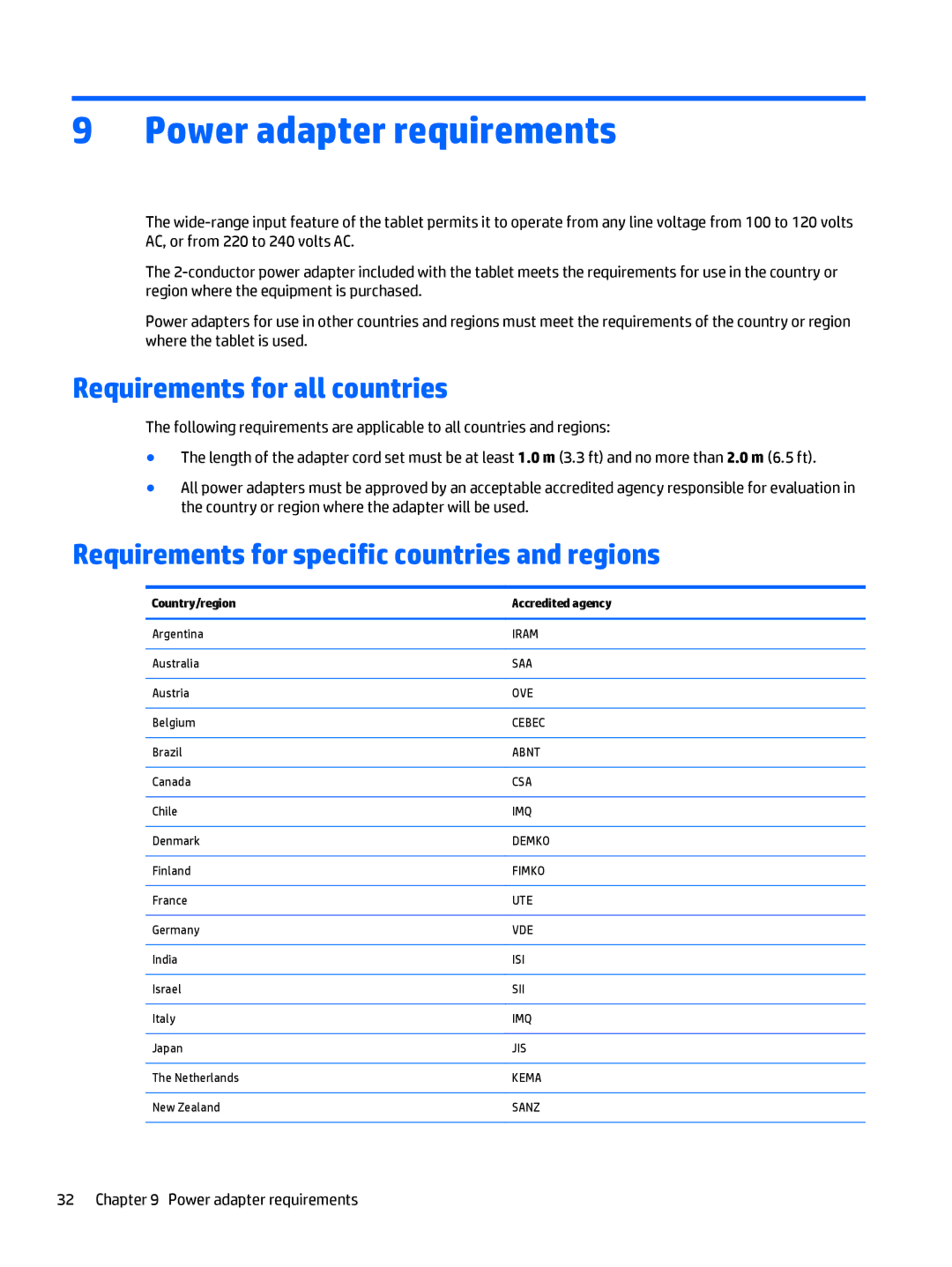 HP 12 Pro Power adapter requirements, Requirements for all countries, Requirements for specific countries and regions 