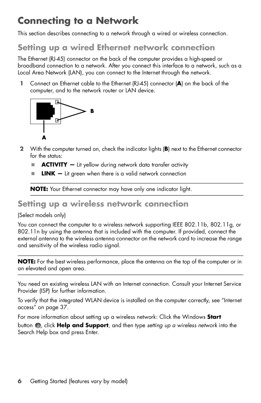 HP 120-1124, 120-1000z, 120-1031, 120-1150xt, 800-089 Connecting to a Network, Setting up a wired Ethernet network connection 