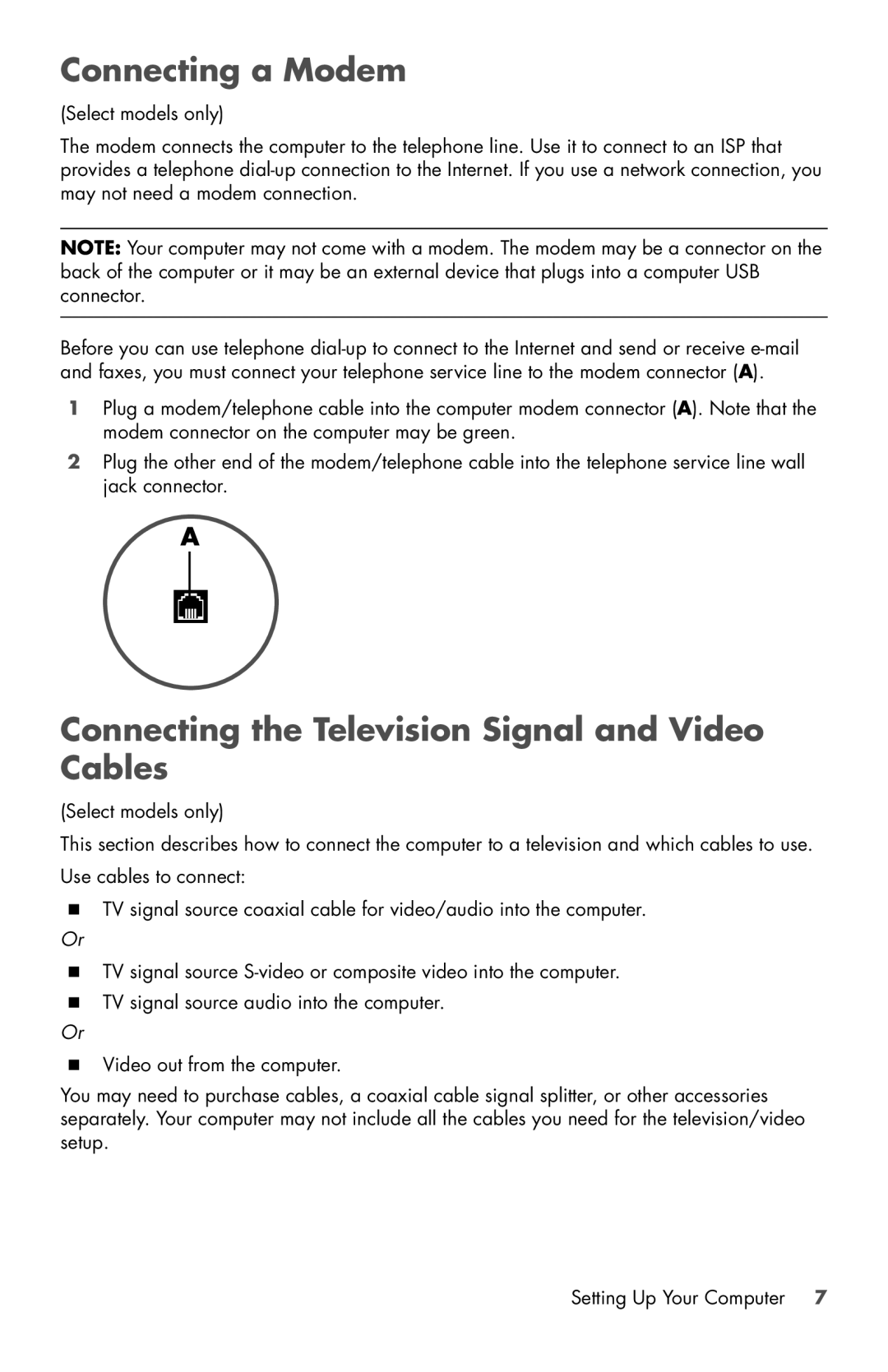 HP 120-1105z, 120-1000z, 120-1031, 120-1150xt, 120-1134 Connecting a Modem, Connecting the Television Signal and Video Cables 