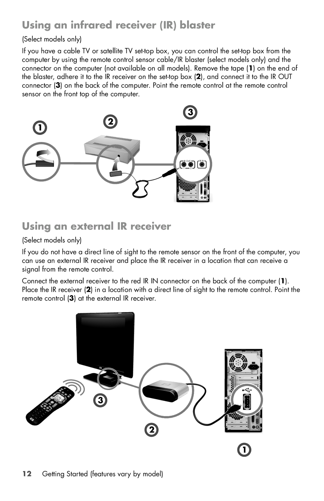 HP 120-1034, 120-1000z, 120-1031, 120-1150xt, 120-1134 Using an infrared receiver IR blaster, Using an external IR receiver 