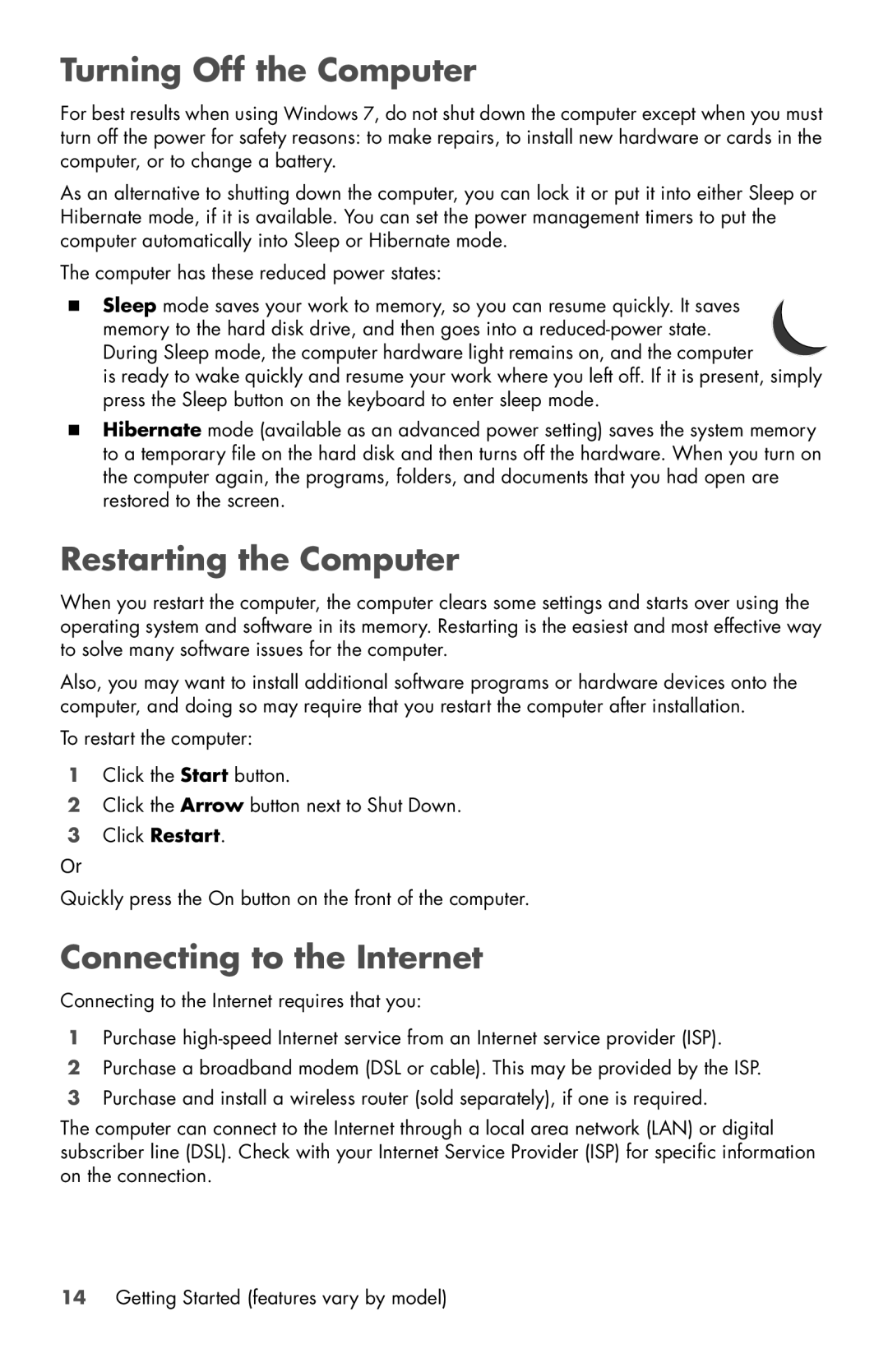 HP 120-1020t, 120-1000z, 120-1031, 120-1150xt Turning Off the Computer, Restarting the Computer, Connecting to the Internet 