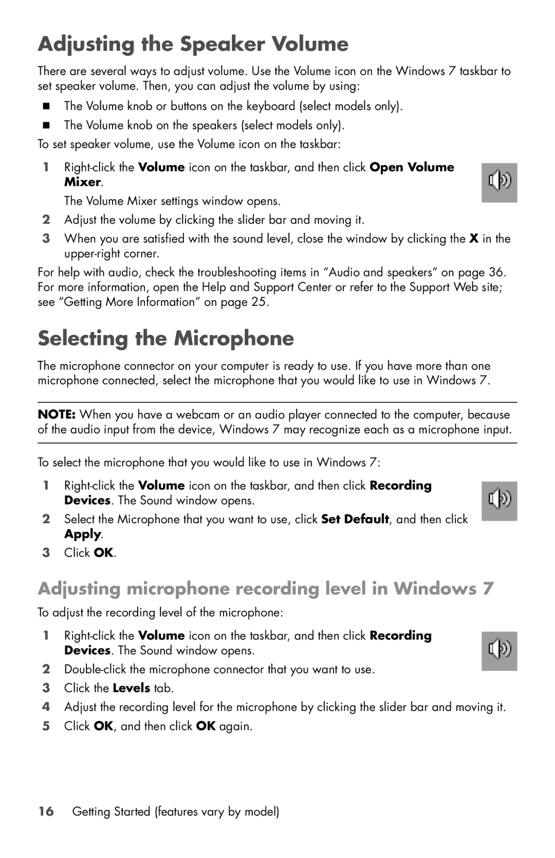 HP 800-030qe manual Adjusting the Speaker Volume, Selecting the Microphone, Adjusting microphone recording level in Windows 