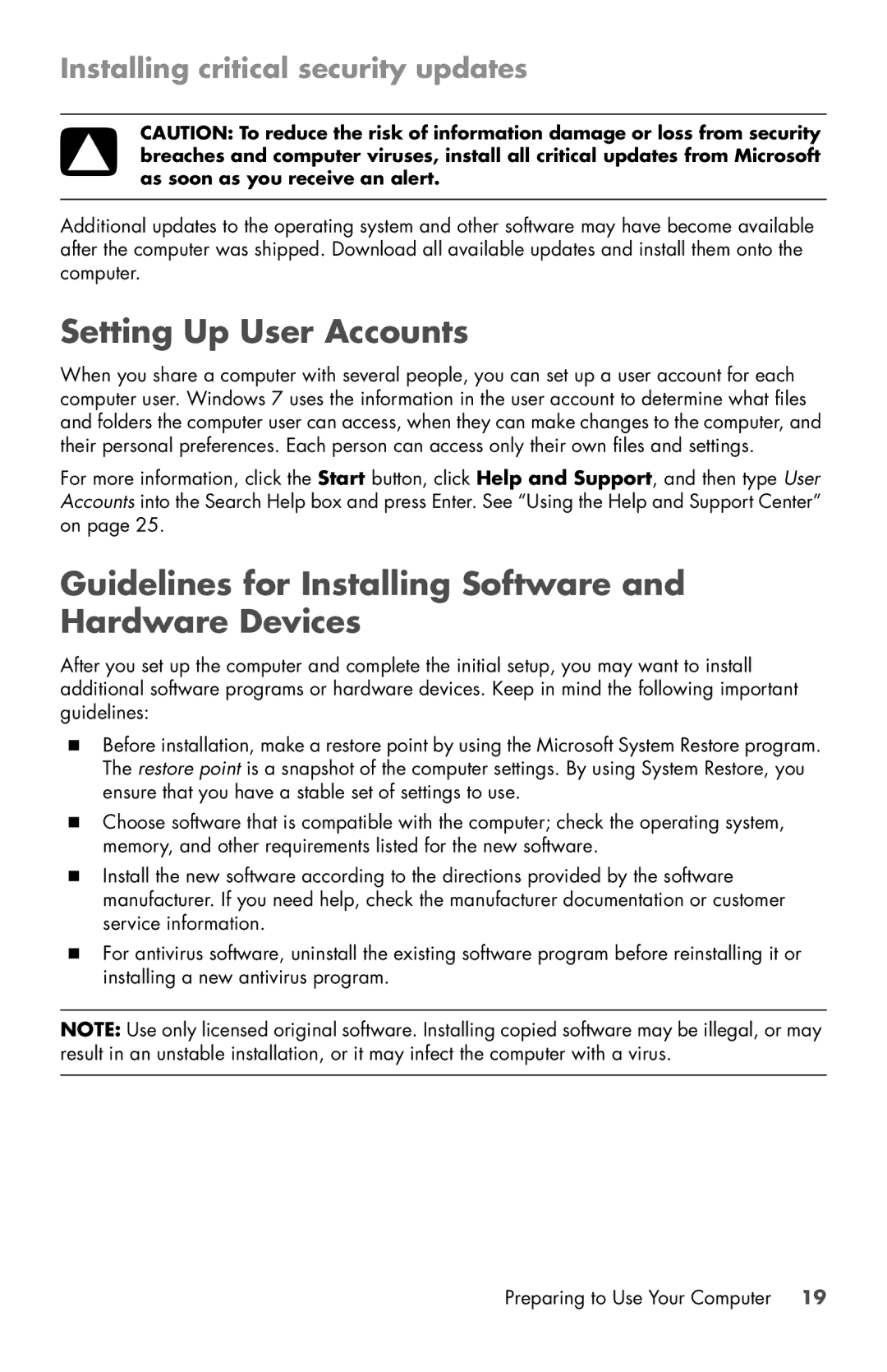 HP 800-050se, 120-1000z, 120-1031, 800-089 Setting Up User Accounts, Guidelines for Installing Software and Hardware Devices 