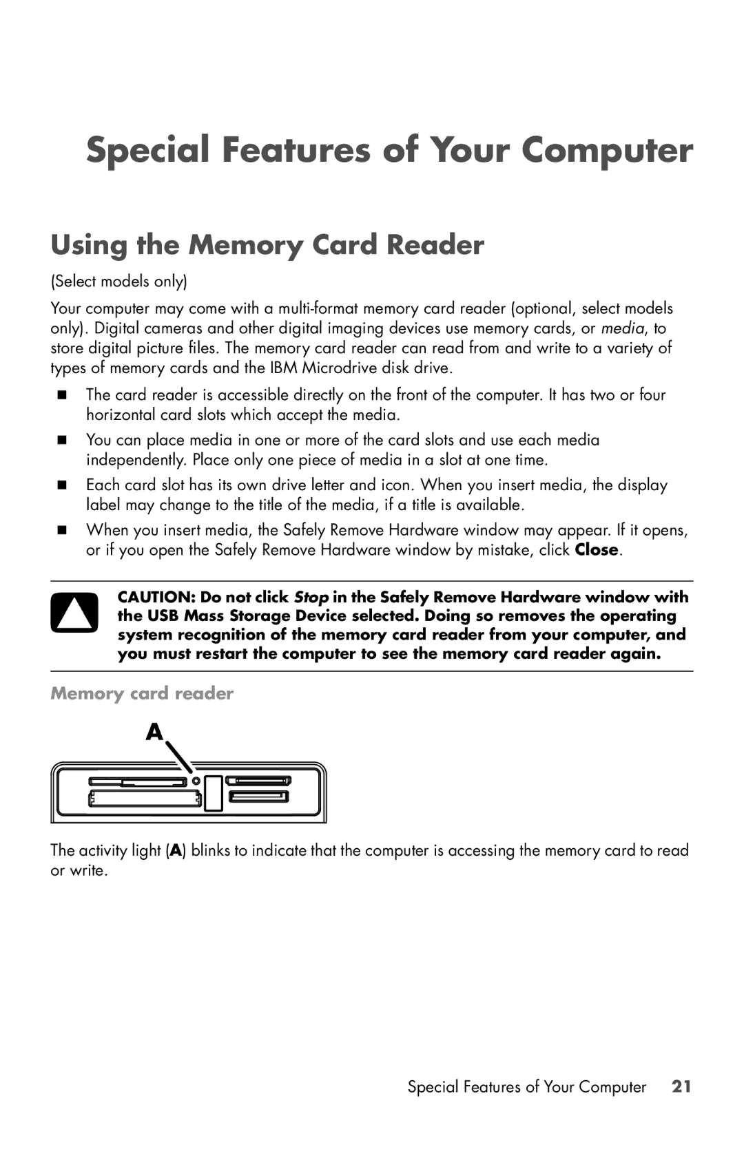 HP h9-1320t, 120-1000z, 120-1031, 120-1150xt, 120-1134, CQ5802 Special Features of Your Computer, Using the Memory Card Reader 