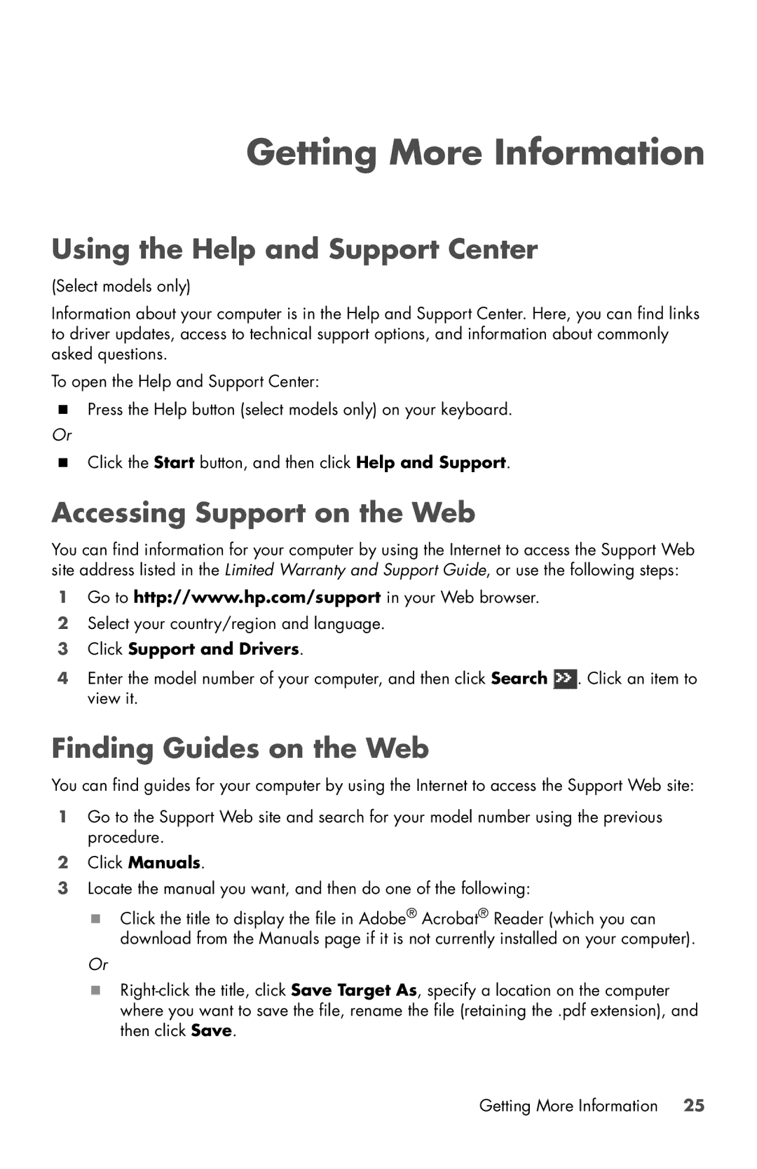 HP 810-350se, 120-1000z, 800-089 Using the Help and Support Center, Accessing Support on the Web, Finding Guides on the Web 