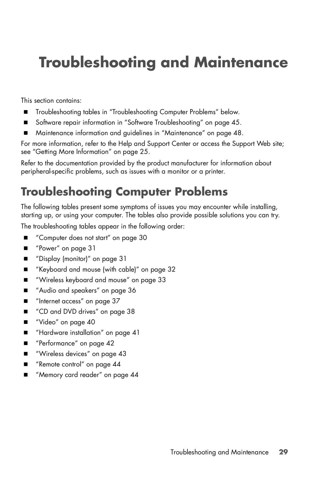 HP 810-209, 120-1000z, 120-1031, 120-1150xt, 120-1134 manual Troubleshooting and Maintenance, Troubleshooting Computer Problems 