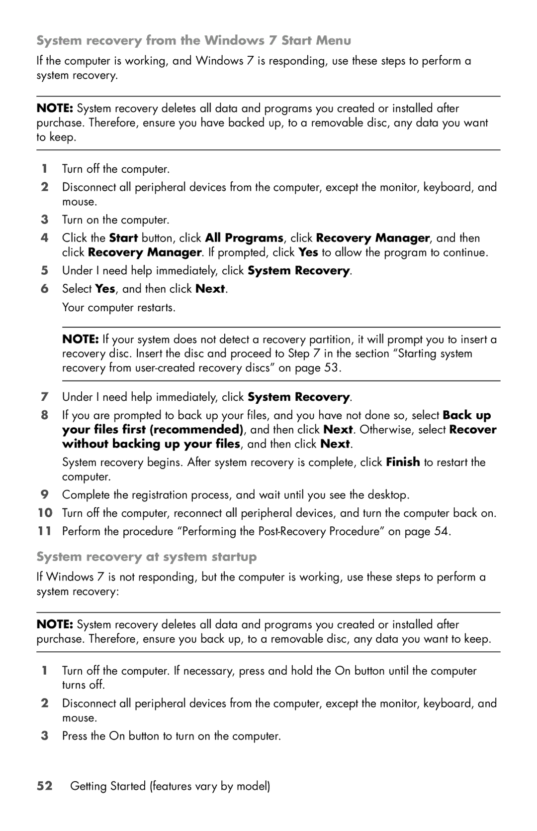 HP CQ5826, 120-1000z, 120-1031, 120-1150xt, 120-1134, 120-1133w, 120-1333w, CQ5802 System recovery from the Windows 7 Start Menu 