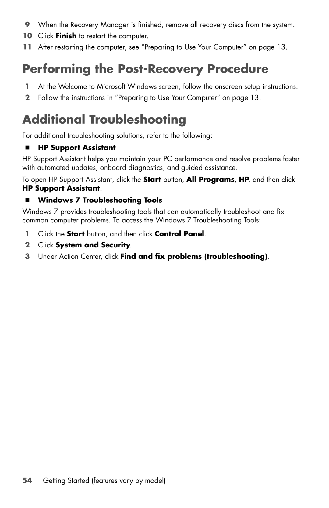 HP CQ5715F, 120-1000z, 120-1031 Performing the Post-Recovery Procedure, Additional Troubleshooting, HP Support Assistant 