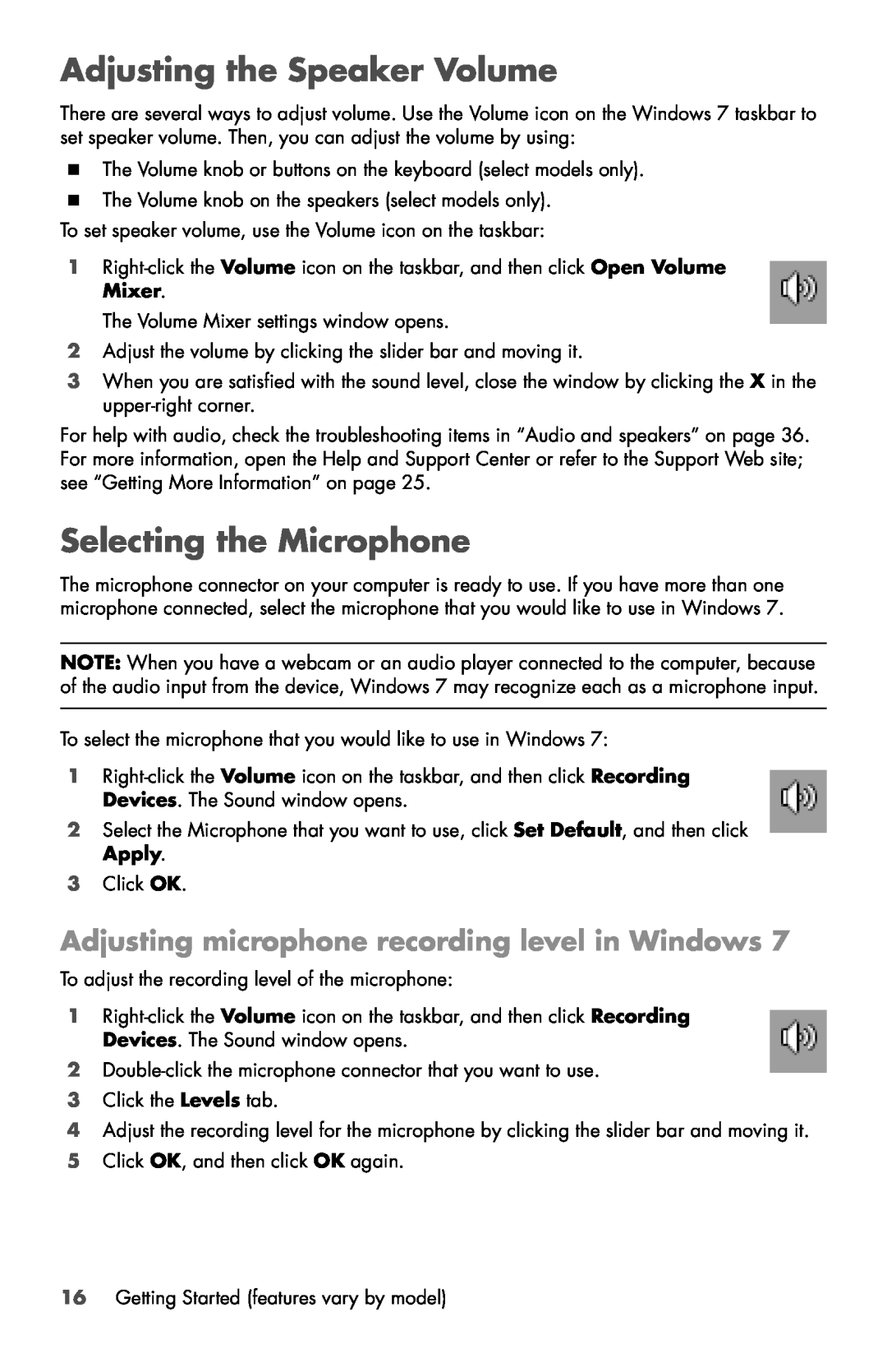 HP 800-030qe manual Adjusting the Speaker Volume, Selecting the Microphone, Adjusting microphone recording level in Windows 