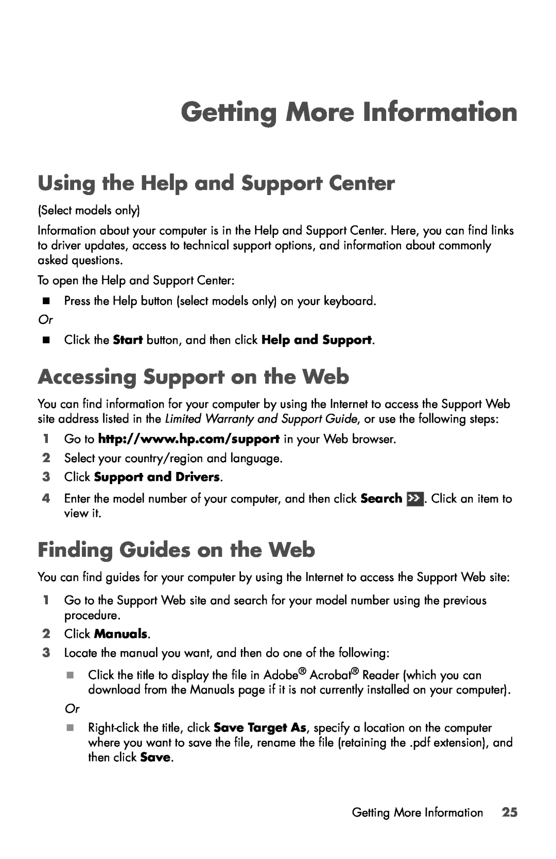 HP 810-350se, 120-1000z, 120-1031 Getting More Information, Using the Help and Support Center, Accessing Support on the Web 