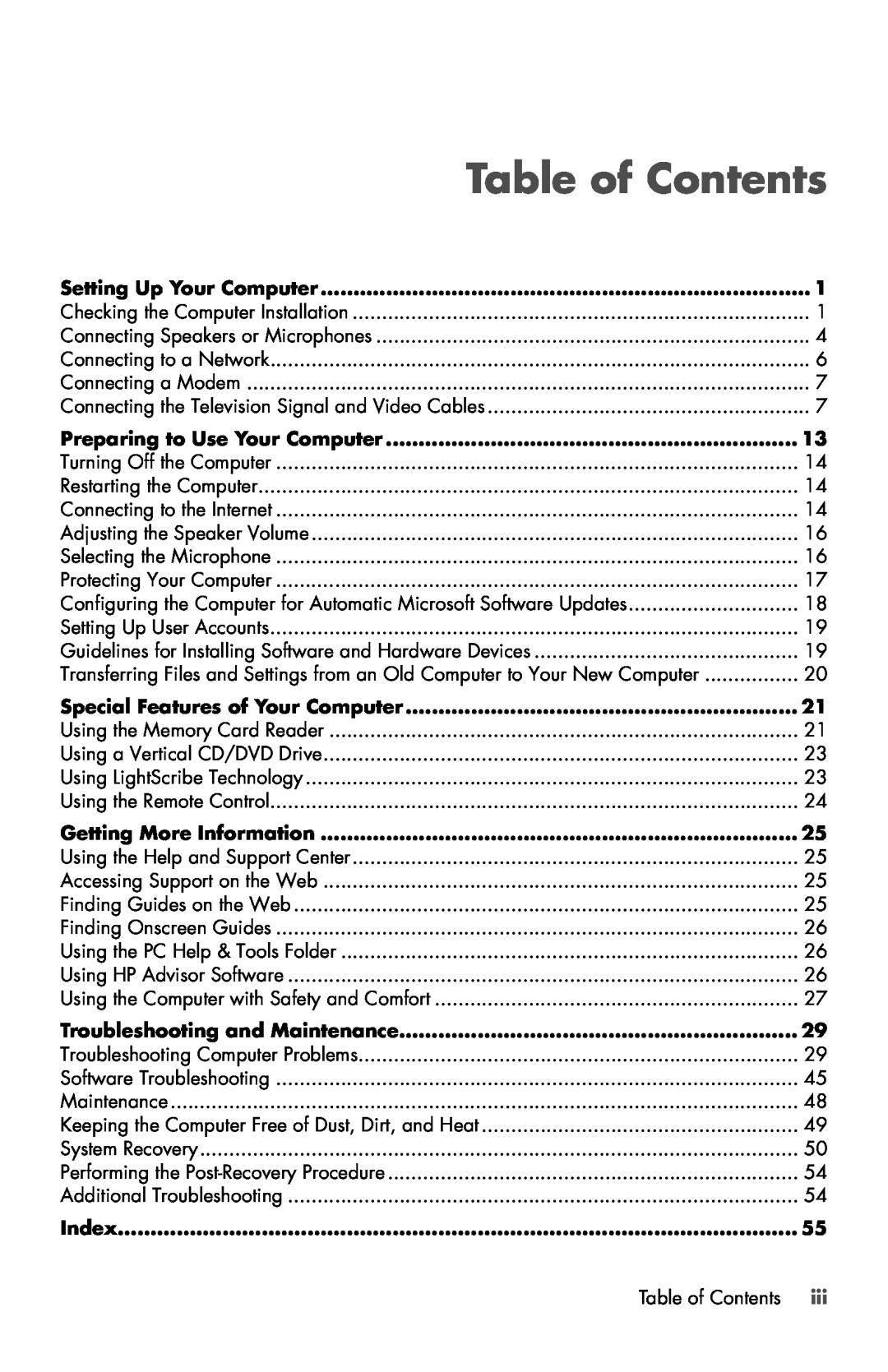 HP 120-1134 Table of Contents, Setting Up Your Computer, Preparing to Use Your Computer, Special Features of Your Computer 