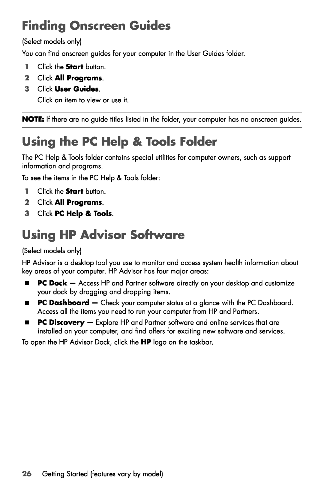 HP h9-1420t, 120-1000z, 120-1031 manual Finding Onscreen Guides, Using the PC Help & Tools Folder, Using HP Advisor Software 