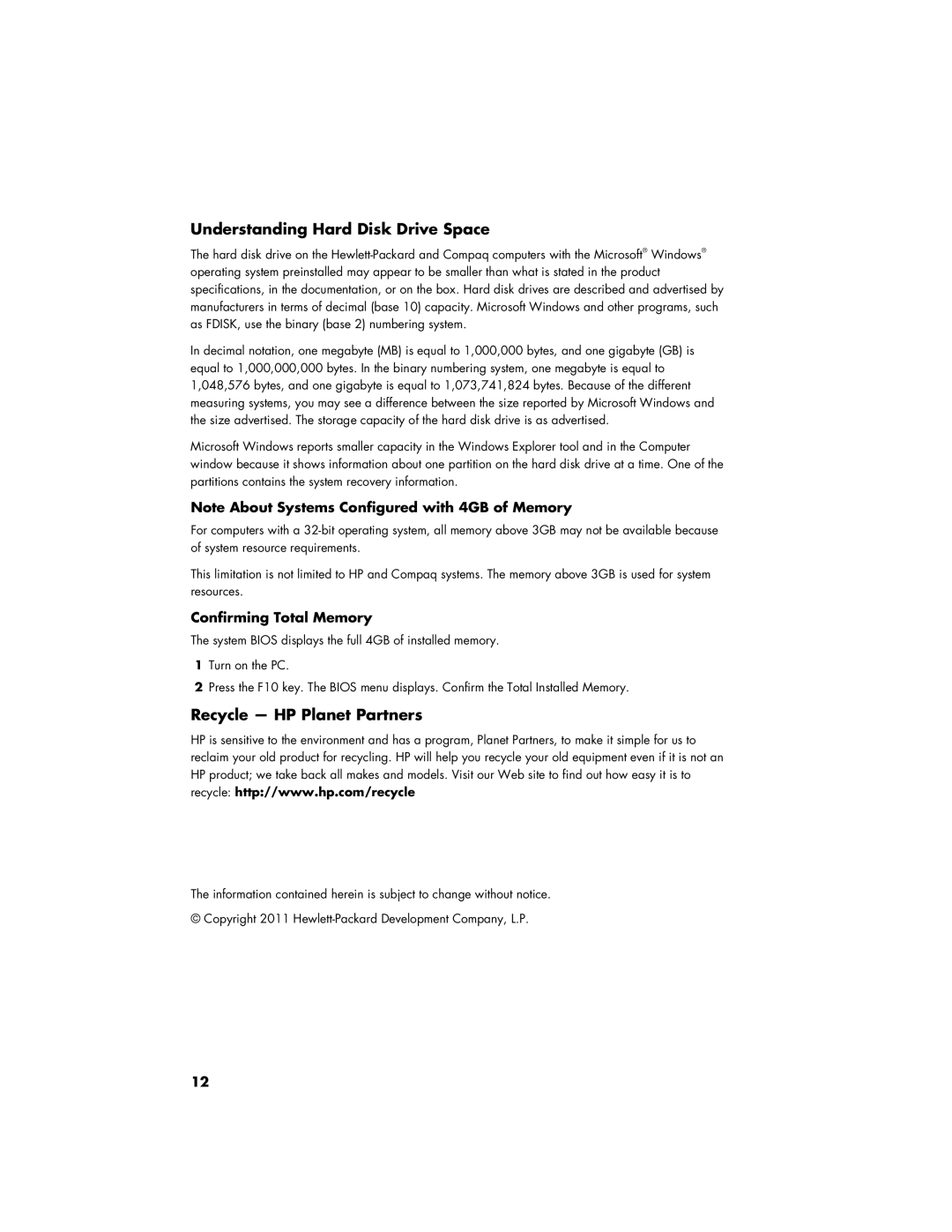 HP 27-1055, 120-1150xt, 120-1134 Understanding Hard Disk Drive Space, Recycle HP Planet Partners, Confirming Total Memory 