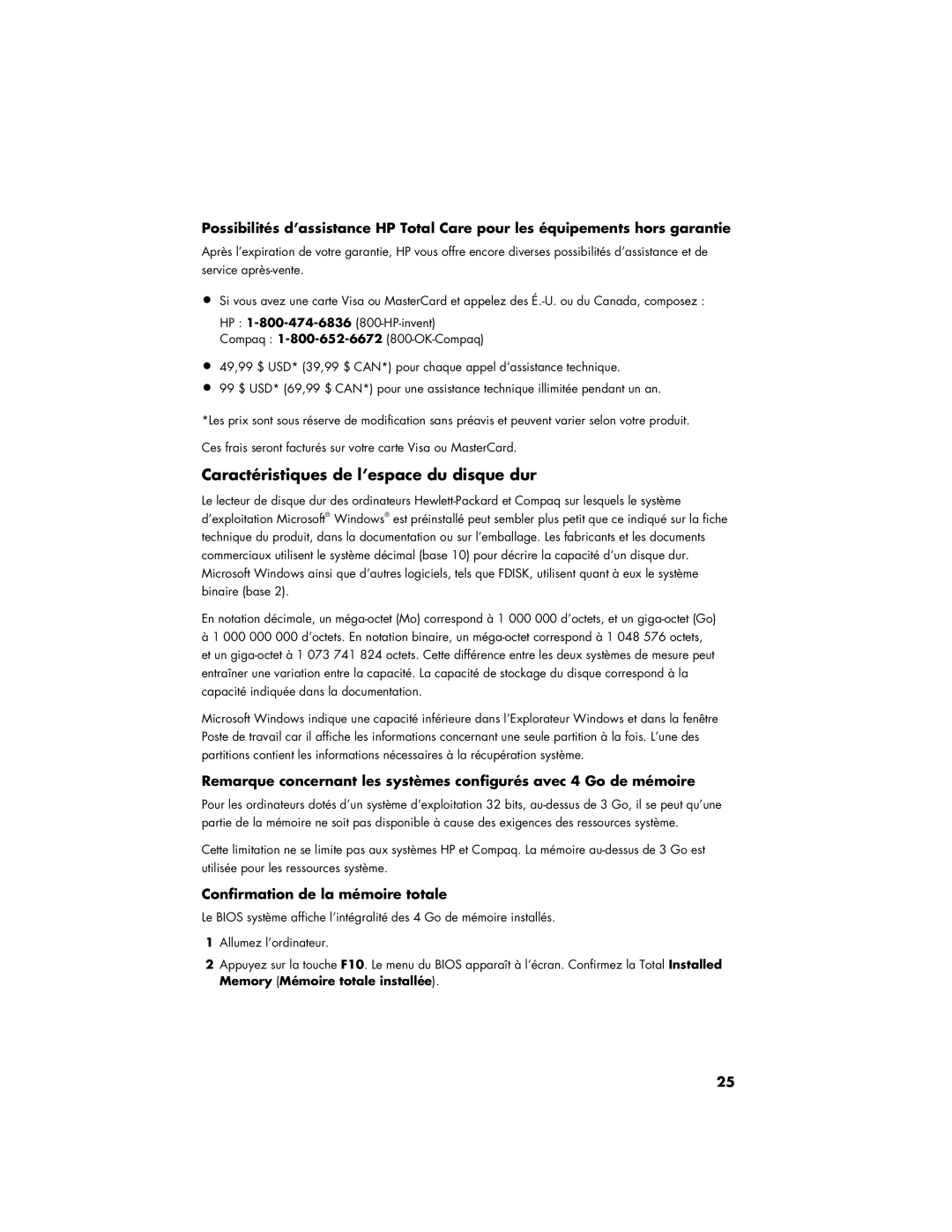 HP 120-1135, 120-1150xt, 120-1134, 120-1133w Caractéristiques de l’espace du disque dur, Confirmation de la mémoire totale 