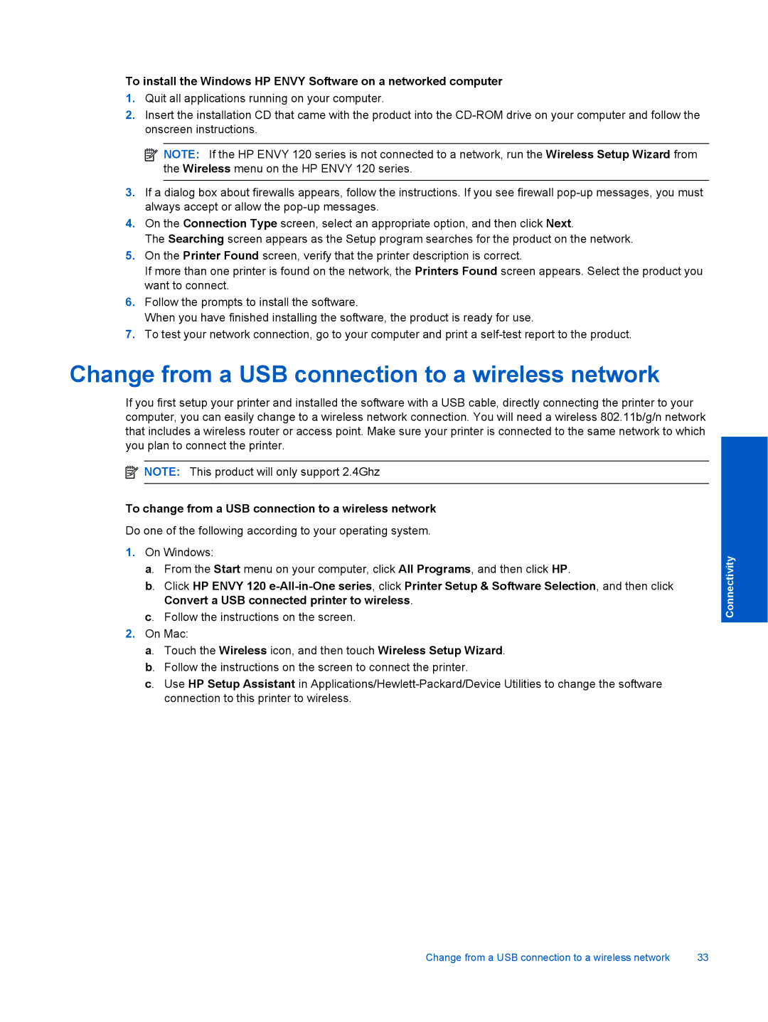 HP 120 Inkjet Multifunction 120-113 manual Change from a USB connection to a wireless network 