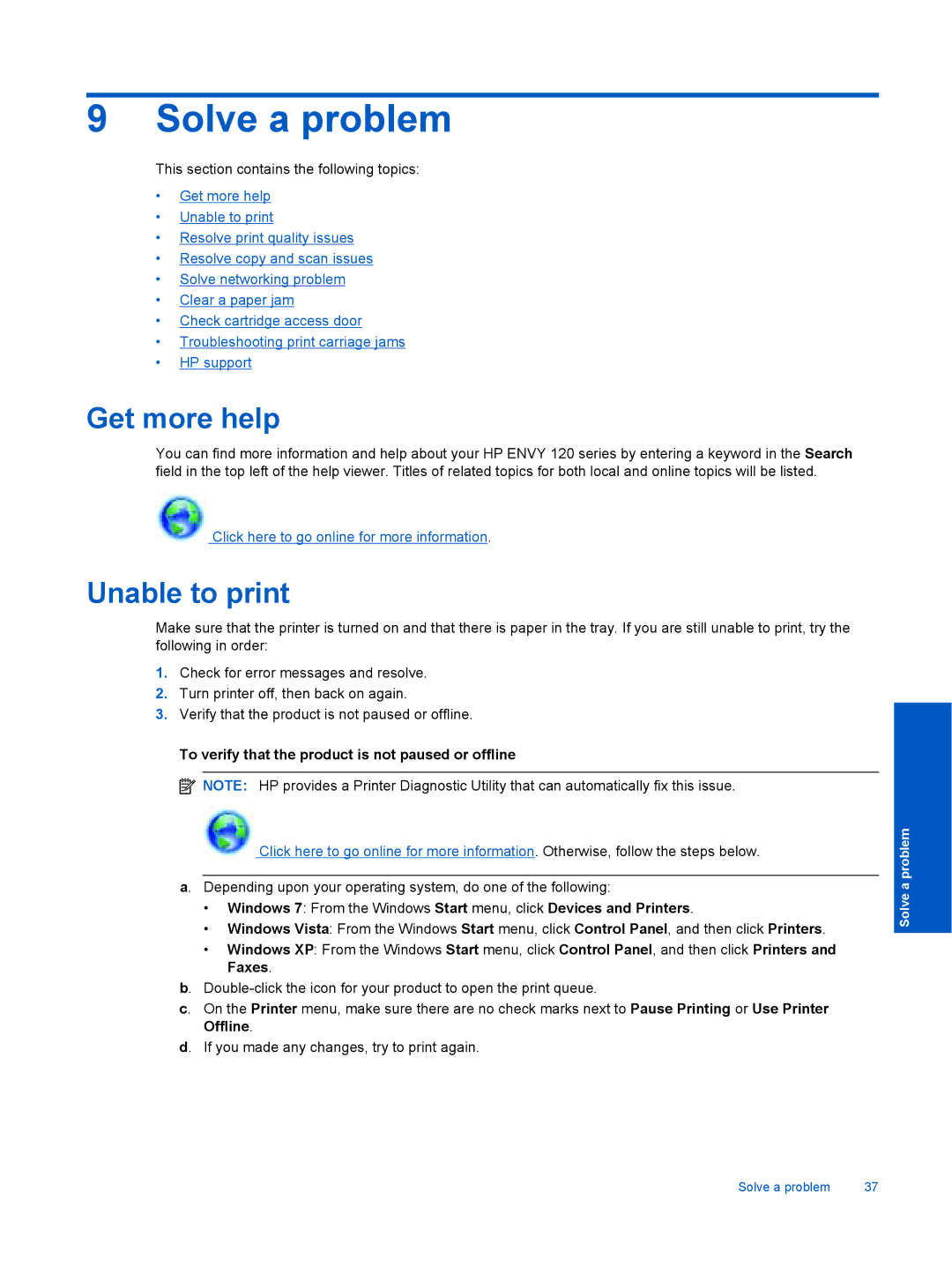 HP 120 Inkjet Multifunction 120-113 manual Solve a problem, Get more help, Unable to print 