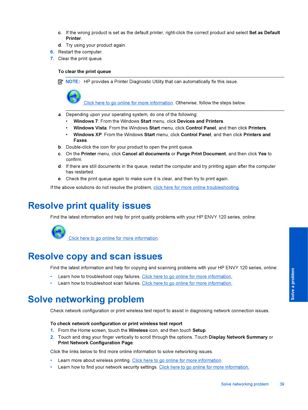 HP 120 Inkjet Multifunction 120-113 Resolve print quality issues, Resolve copy and scan issues, Solve networking problem 