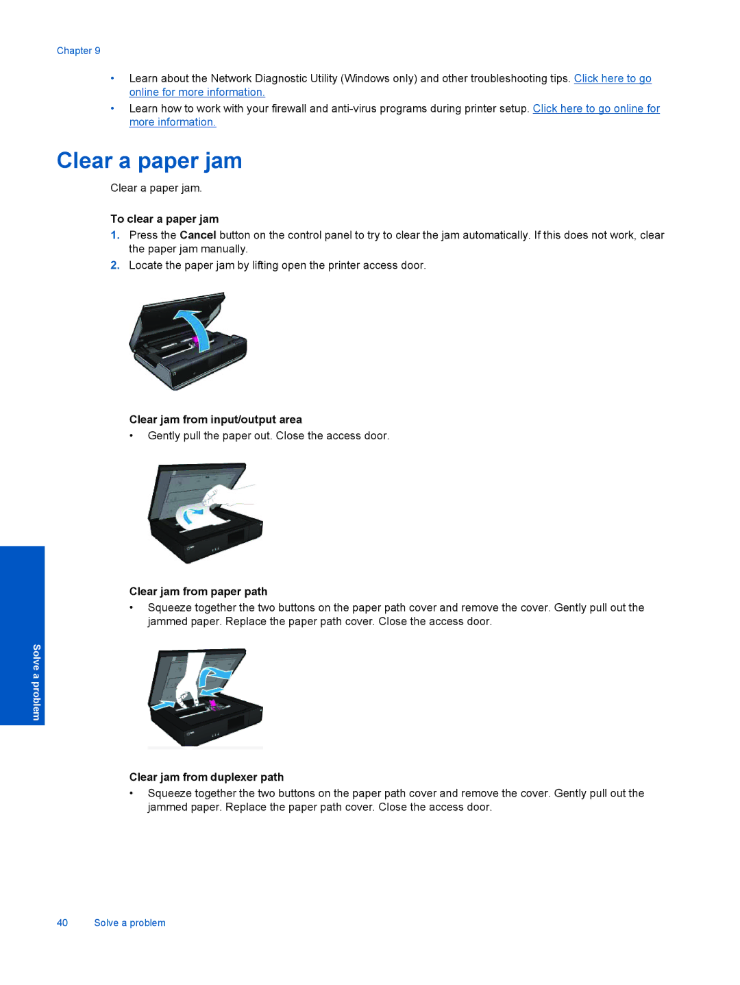 HP 120 Inkjet Multifunction 120 manual Clear a paper jam, To clear a paper jam, Clear jam from input/output area 