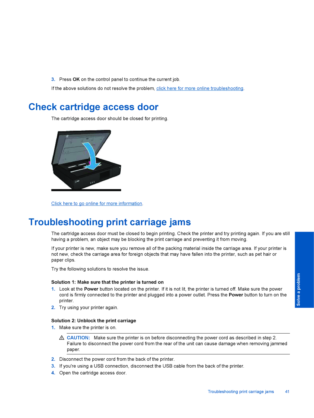 HP 120 Inkjet Multifunction 120-113 manual Check cartridge access door, Troubleshooting print carriage jams 