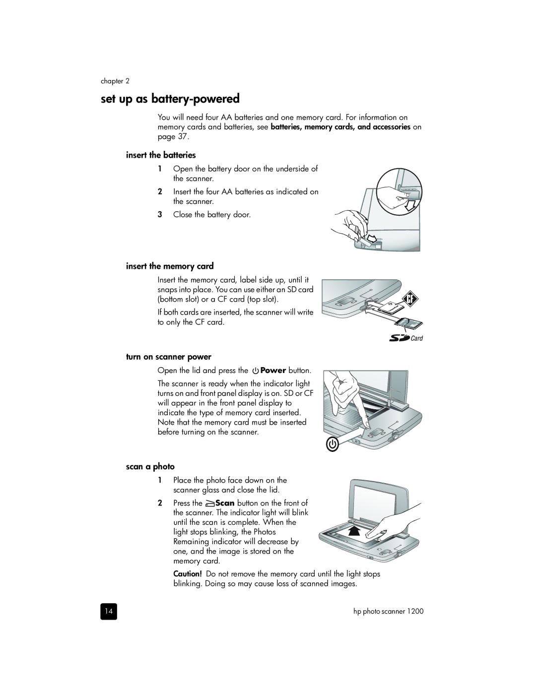 HP 1200 Photo manual Set up as battery-powered, Insert the batteries, Insert the memory card 