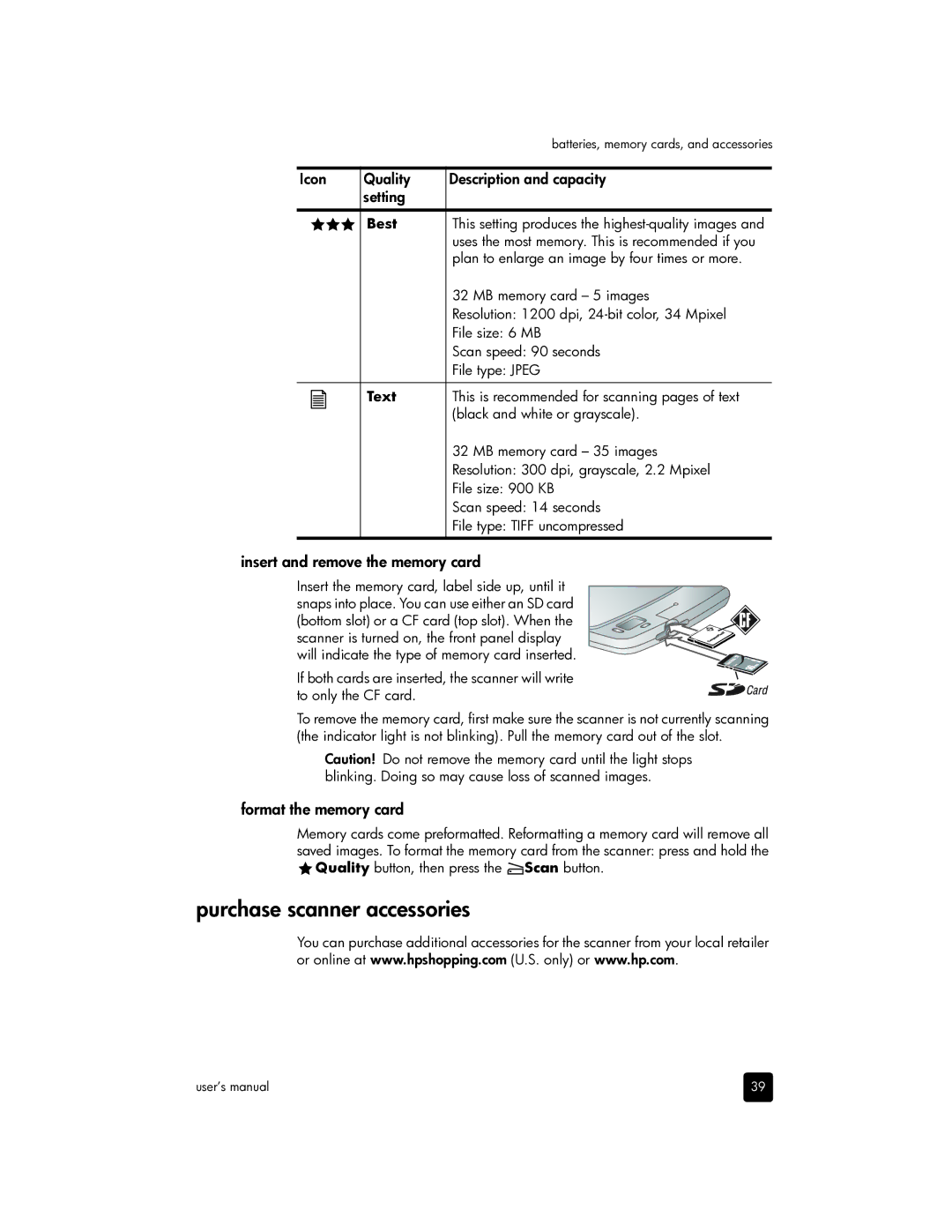 HP 1200 Photo manual Purchase scanner accessories, Insert and remove the memory card, Format the memory card 