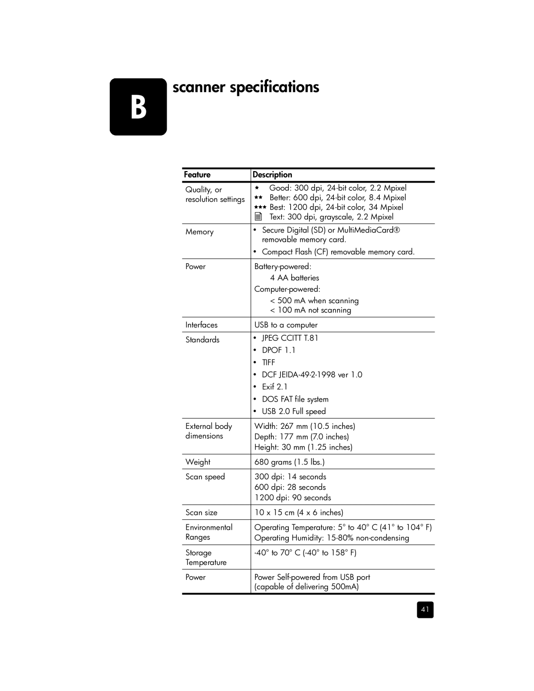 HP 1200 Photo manual Scanner specifications, Feature Description 