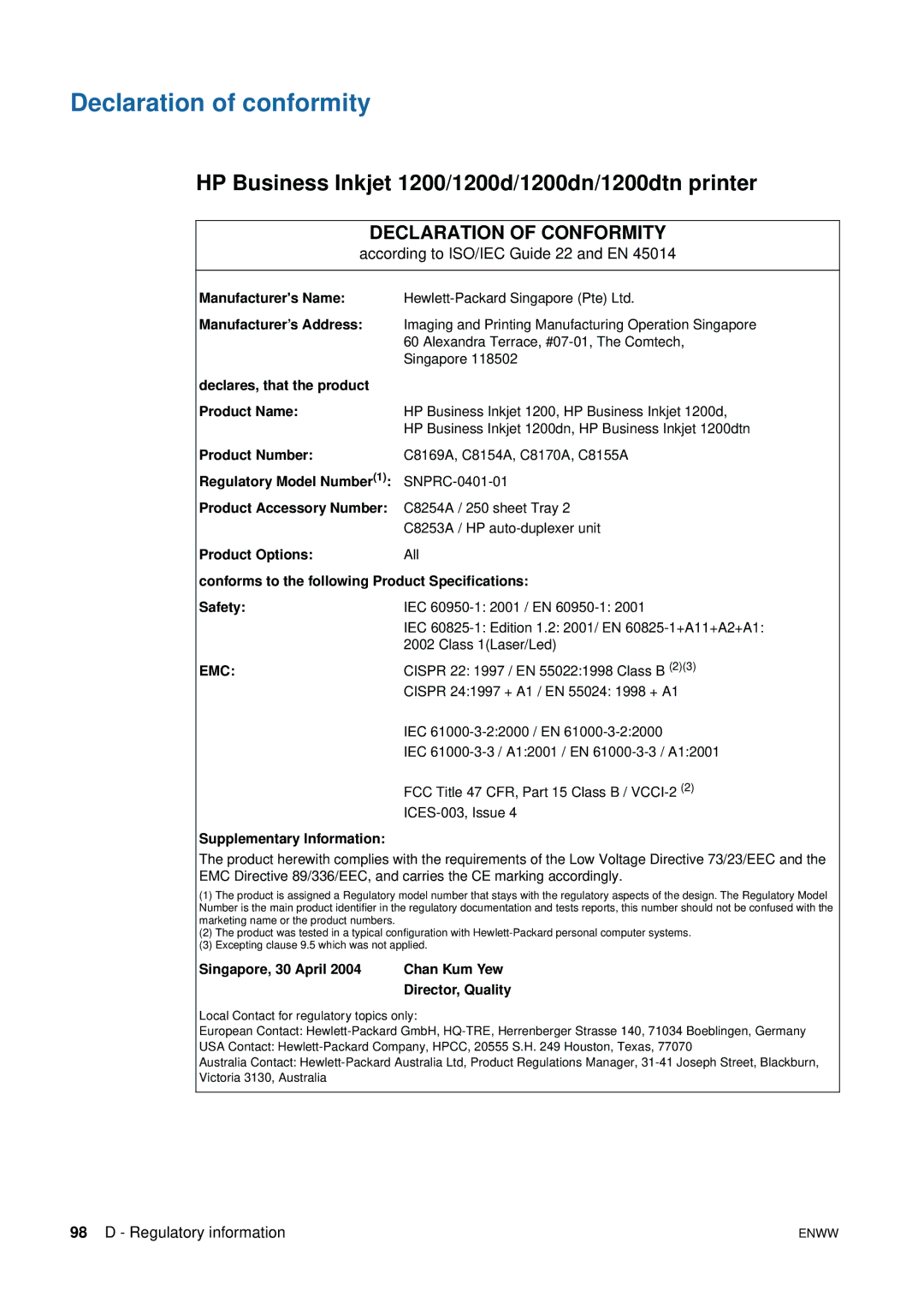 HP manual Declaration of conformity, HP Business Inkjet 1200/1200d/1200dn/1200dtn printer 