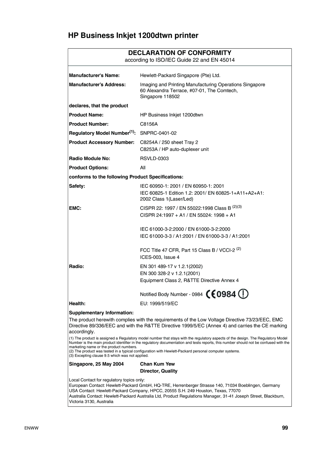 HP manual HP Business Inkjet 1200dtwn printer, Radio Health Supplementary Information 