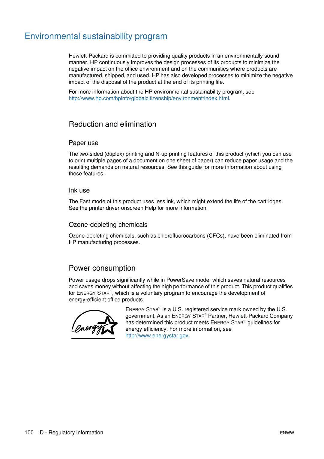 HP 1200 manual Environmental sustainability program, Reduction and elimination, Power consumption 