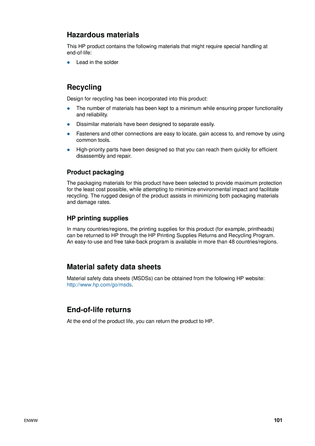 HP 1200 manual Hazardous materials, Recycling, Material safety data sheets End-of-life returns, Product packaging 