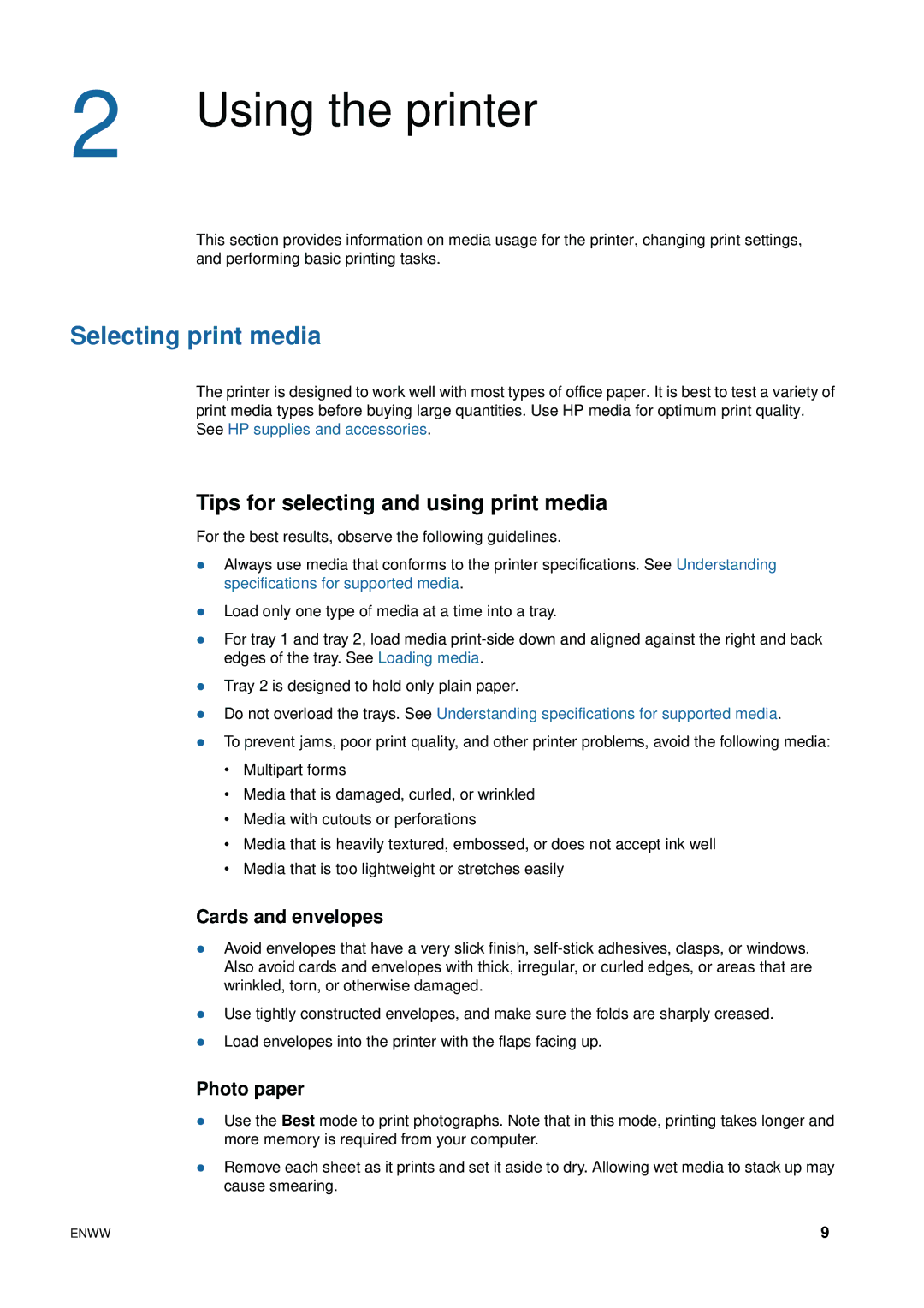 HP 1200 manual Selecting print media, Tips for selecting and using print media, Cards and envelopes, Photo paper 