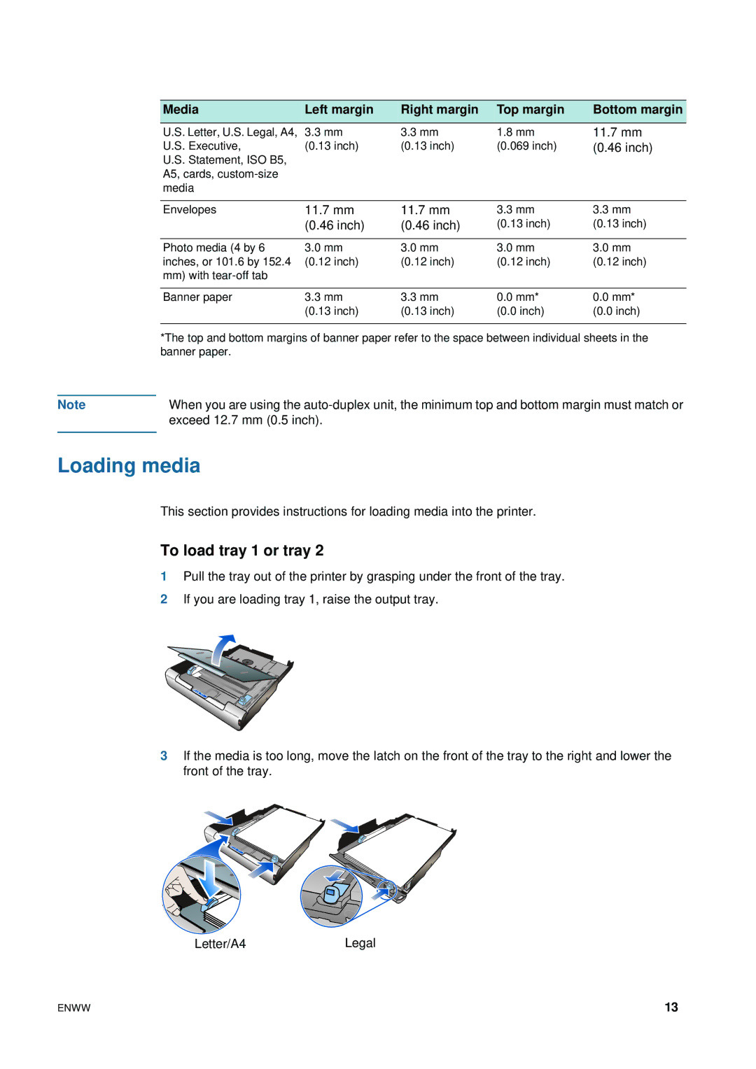 HP 1200 manual Loading media, To load tray 1 or tray, Media Left margin Right margin Top margin Bottom margin 