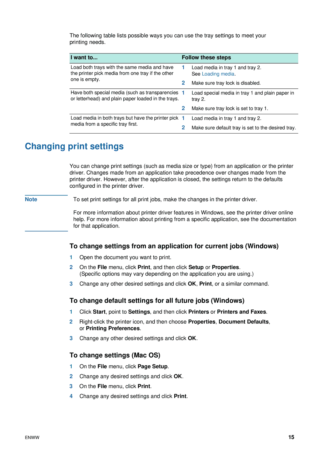 HP 1200 manual Changing print settings, To change default settings for all future jobs Windows, To change settings Mac OS 