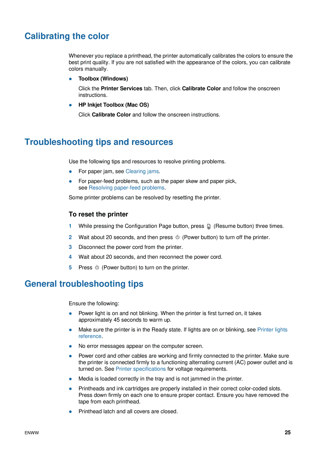 HP 1200 Calibrating the color, Troubleshooting tips and resources, General troubleshooting tips, To reset the printer 