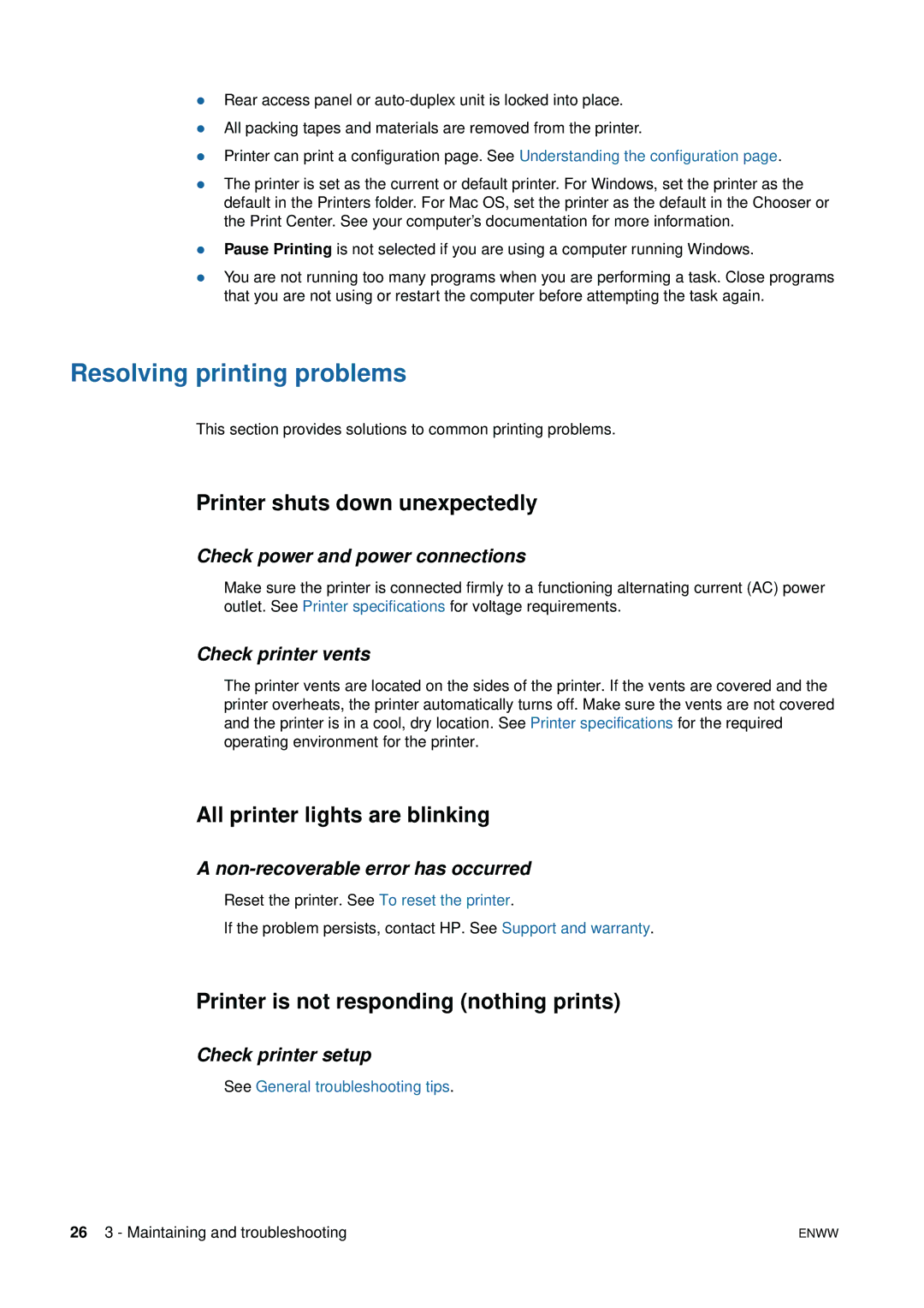 HP 1200 manual Resolving printing problems, Printer shuts down unexpectedly, All printer lights are blinking 