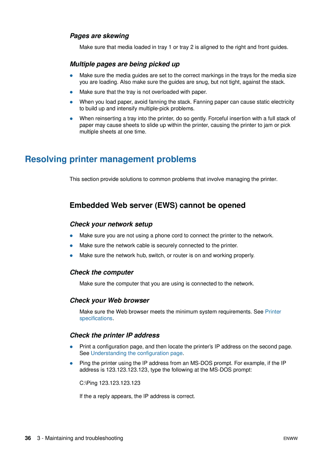 HP 1200 manual Resolving printer management problems, Embedded Web server EWS cannot be opened 