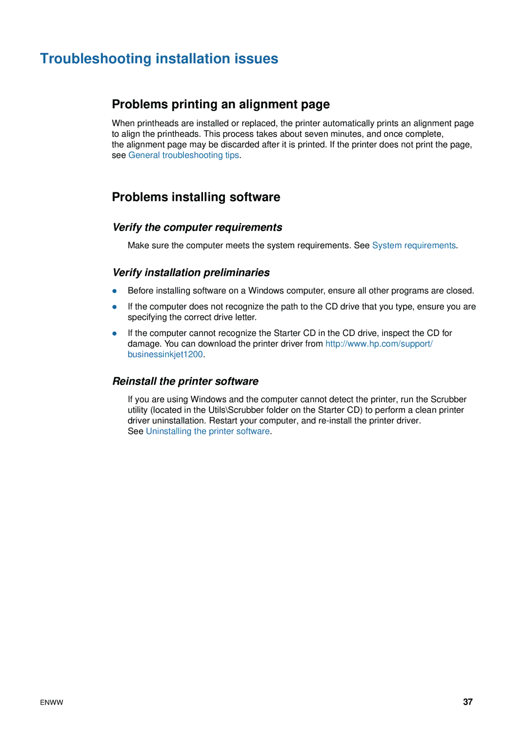 HP 1200 manual Troubleshooting installation issues, Problems printing an alignment, Problems installing software 