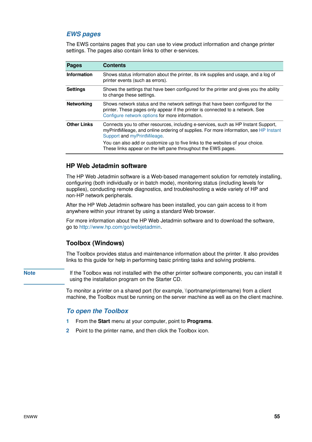 HP 1200 manual EWS pages, HP Web Jetadmin software, Toolbox Windows, To open the Toolbox, Pages Contents 