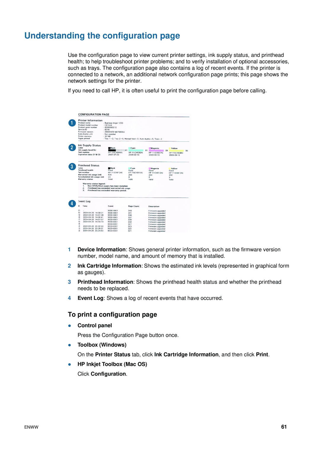 HP 1200 manual Understanding the configuration, To print a configuration 