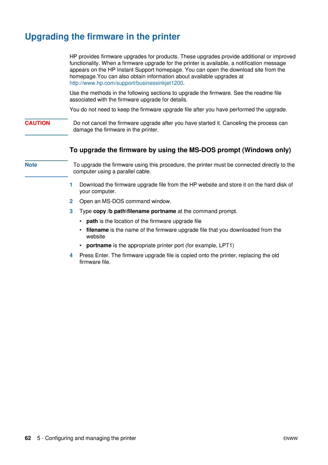 HP 1200 manual Upgrading the firmware in the printer, Type copy /b path\filename portname at the command prompt 