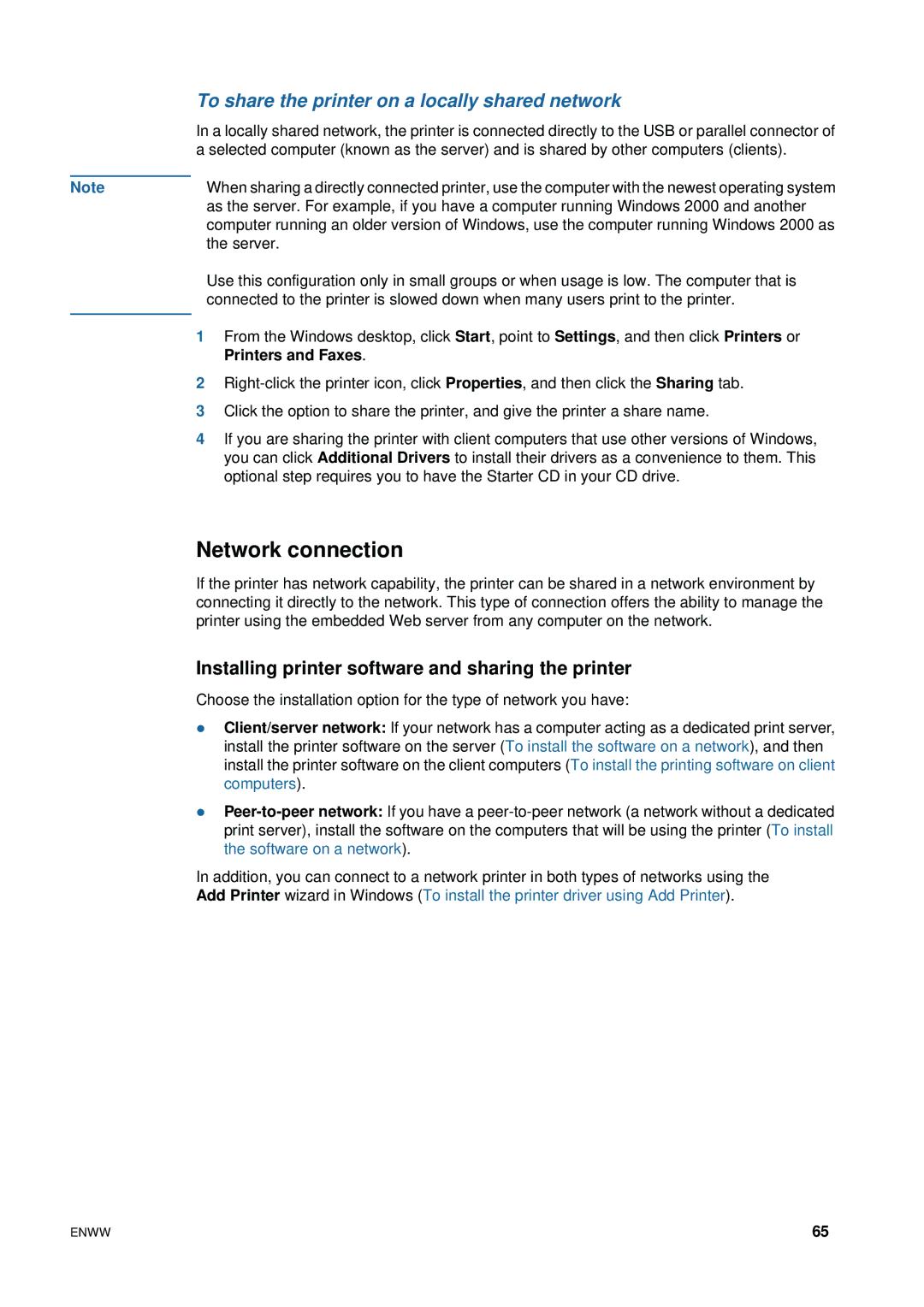 HP 1200 manual Network connection, To share the printer on a locally shared network, Printers and Faxes 