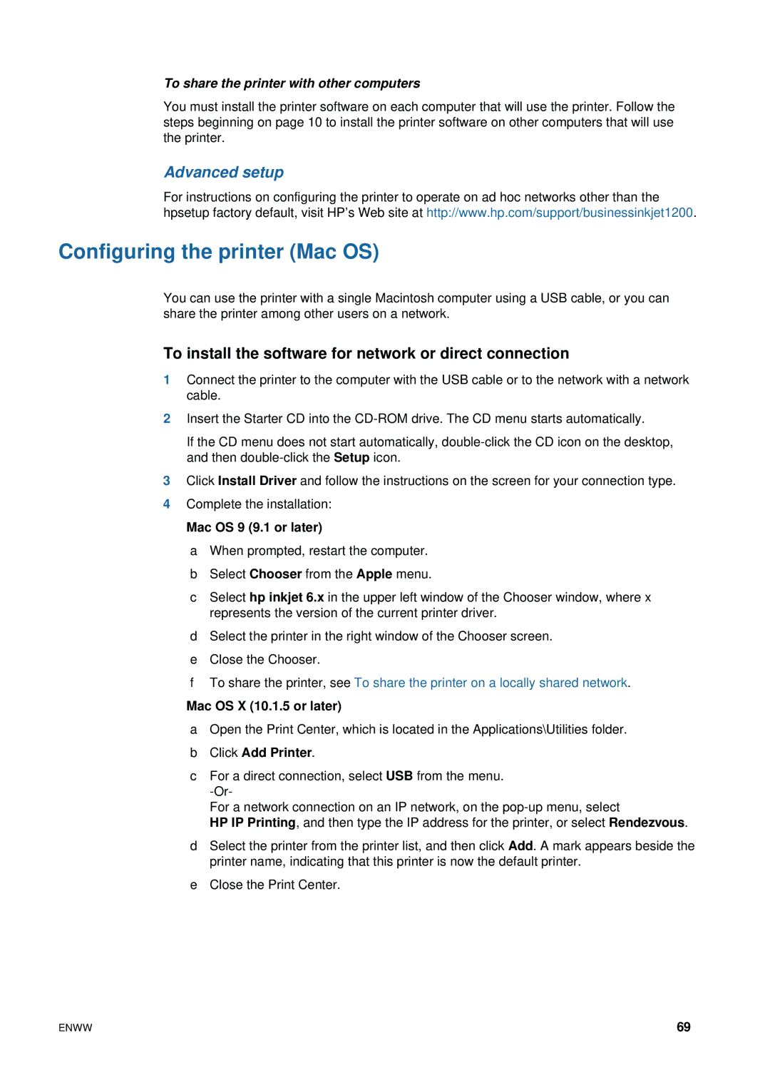 HP 1200 manual Configuring the printer Mac OS, Advanced setup, To install the software for network or direct connection 