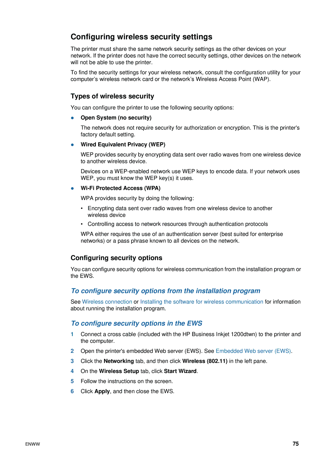 HP 1200 manual Configuring wireless security settings, Types of wireless security, Configuring security options 