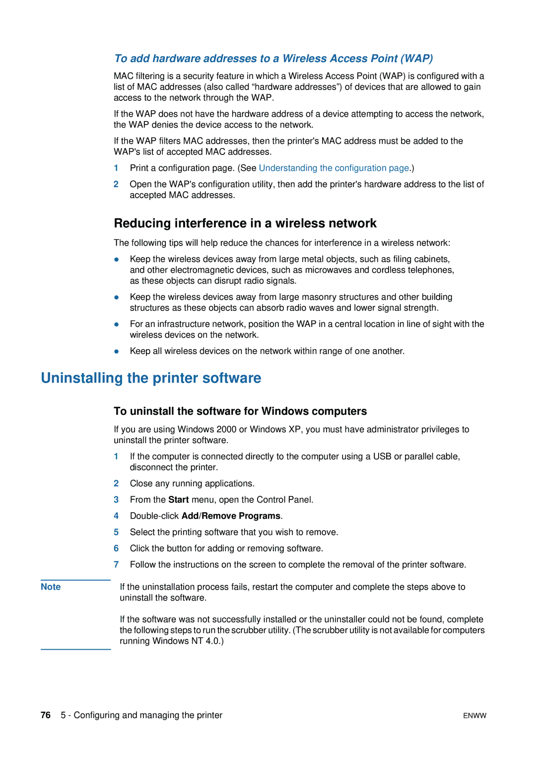 HP 1200 Uninstalling the printer software, Reducing interference in a wireless network, Double-clickAdd/Remove Programs 