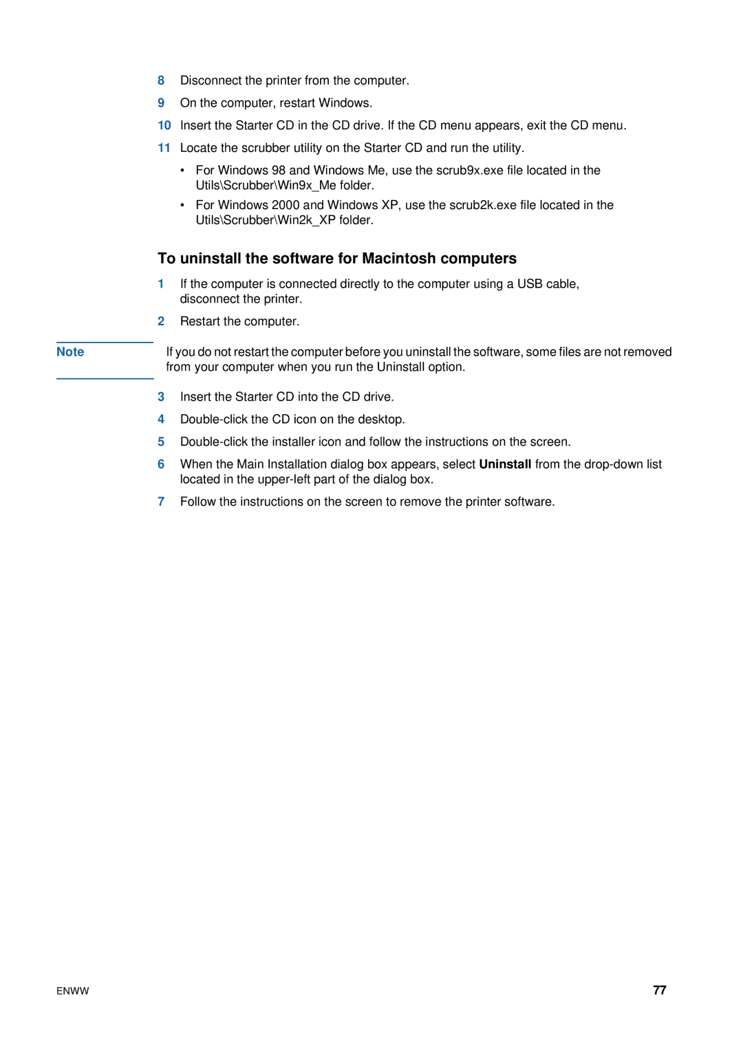 HP 1200 manual To uninstall the software for Macintosh computers, Restart the computer 