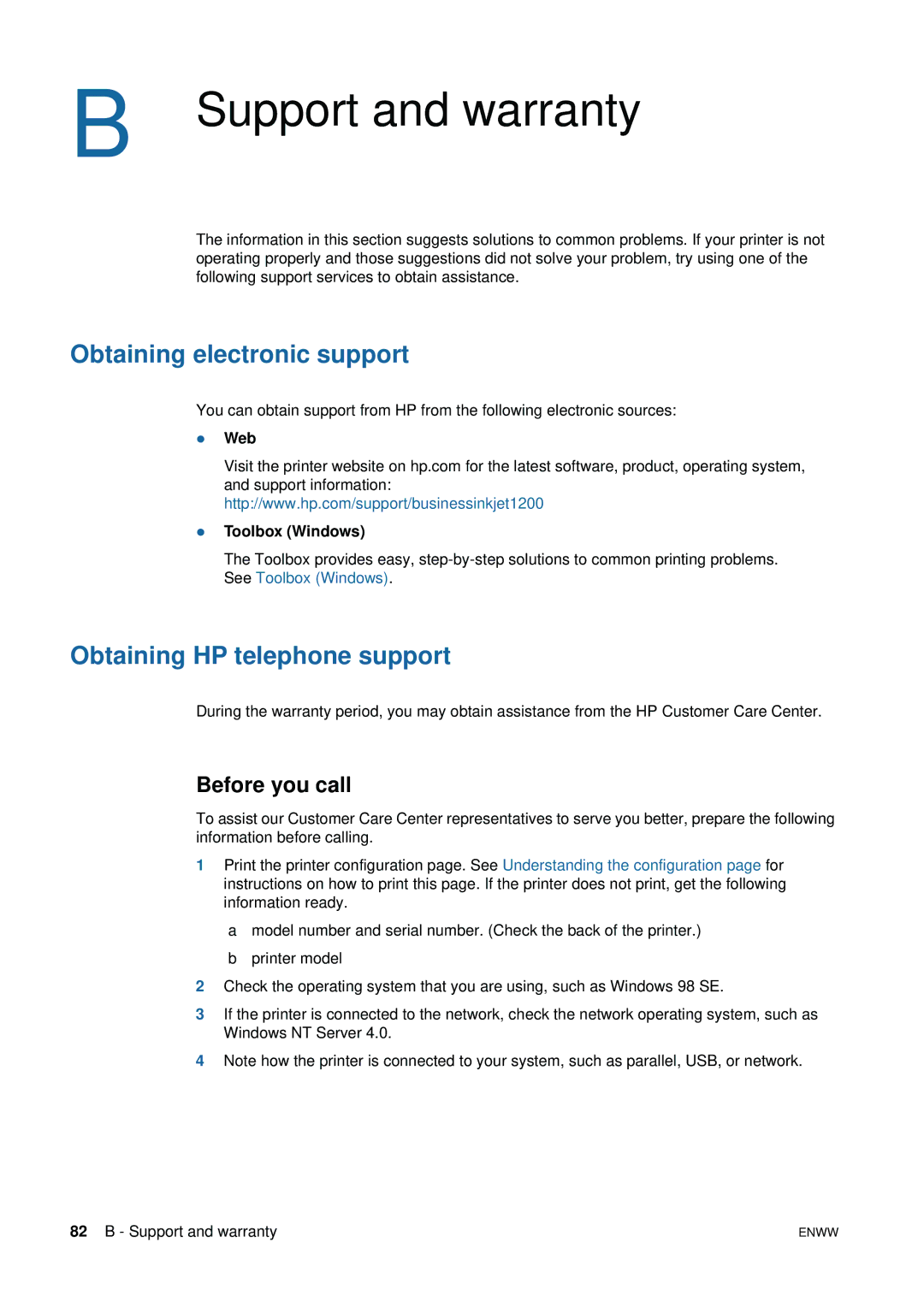 HP 1200 manual Obtaining electronic support, Obtaining HP telephone support, Before you call, Web Toolbox Windows 