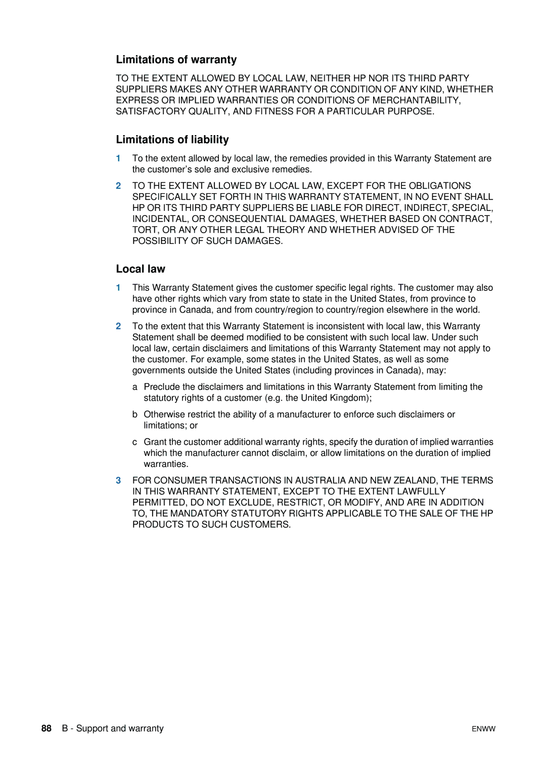 HP 1200 manual Limitations of warranty, Limitations of liability, Local law 