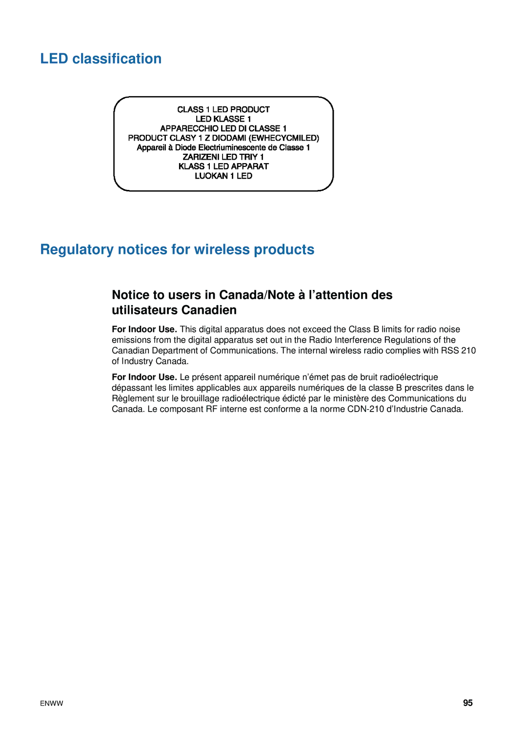 HP 1200 manual LED classification Regulatory notices for wireless products 